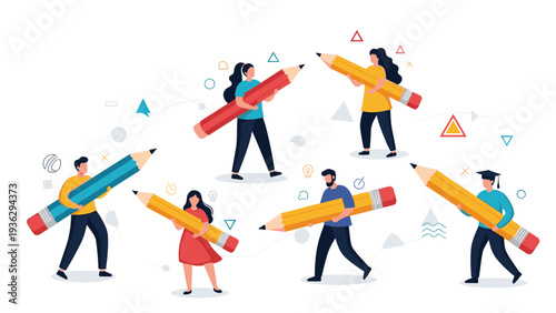 Group of tiny creative people carrying giant colored pencils and working together in a concept for education and teamwork.