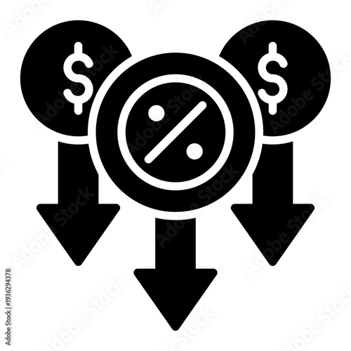 Price Down Glyph Icon – Rate Cut, Discount and Financial Reduction Concept