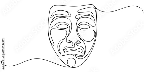 theater mask continuous one line drawing, World theater day banner design, with character mask sketch, continuous one line drawing, vector illustration. one line Icon drawing, Greek mask continuous