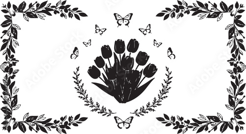 Black and white floral design with butterflies and leaves