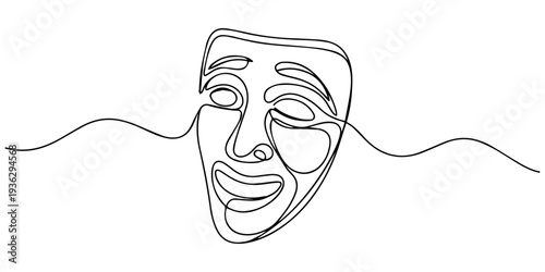 theater mask continuous one line drawing, World theater day banner design, with character mask sketch, continuous one line drawing, vector illustration. one line Icon drawing, Greek mask continuous