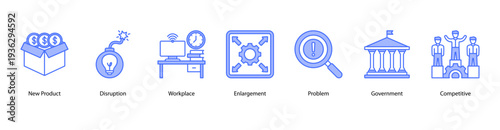 Business Development web banner vector illustration featuring New Product, Disruption, Workplace, Enlargement, Problem, Government, and Competitive.