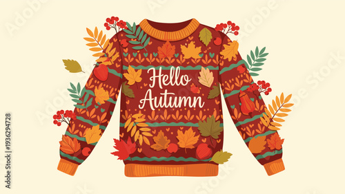 Warm autumn themed sweater featuring intricate patterns of fall leaves, berries, and the decorative text hello autumn.