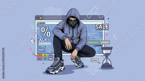 Cyber criminal or hacker wearing a hoodie and mask crouching in front of a website interface with sale and loading icons.