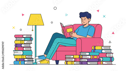 Young man relaxing in a pink armchair reading a book and surrounded by huge stacks of colorful books in a cozy home setting.