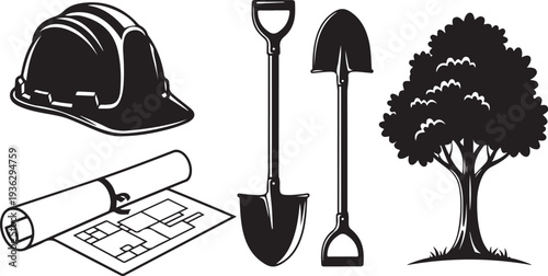 Construction site tools and safety equipment illustration set