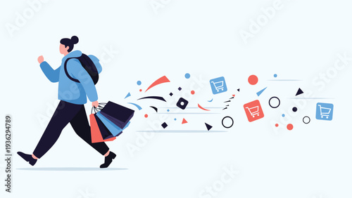 Woman walking fast while carrying multiple shopping bags as various e-commerce and shopping icons fly behind her.