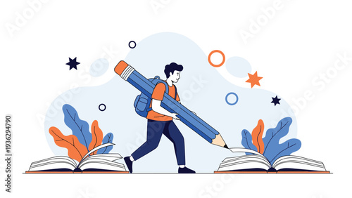 Creative student carrying an oversized blue pencil while writing and drawing on large open books in a surreal concept.