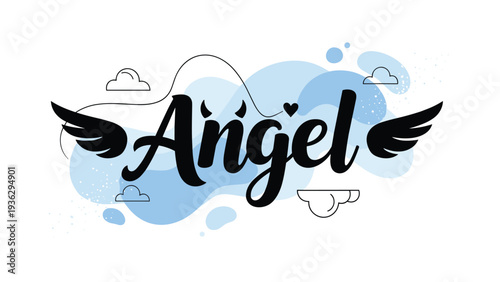 Stylized word angel with aesthetic wings and devil horns is displayed against a background of soft blue clouds and shapes.
