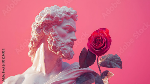 Ancient Greek sculpture displayed with a red rose on a pink background.
