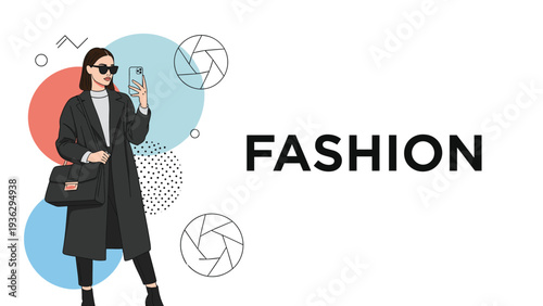 Stylish woman in a long black coat takes a mirror selfie to showcase her modern fashion and professional business attire.