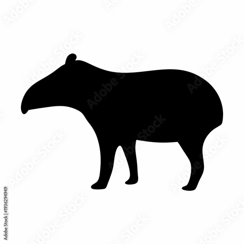 Black silhouette of a tapir standing against a white background showing its trunk