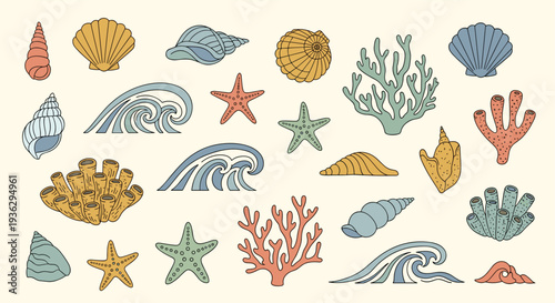 Whimsical Collection of Colorful Seashells Starfish Coral and Ocean Waves Hand Drawn Illustration on Cream Background