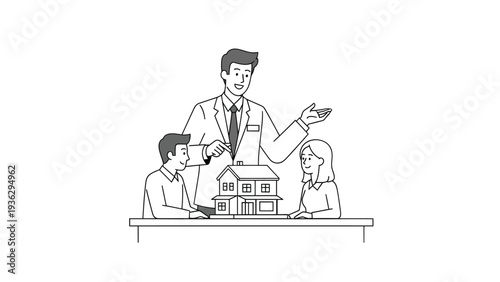 Real Estate Agent Advising Couple on House Purchase with Model - Line Art Illustration
