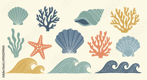 Collection of stylized marine life and ocean waves in a charming retro aesthetic with a muted color palette