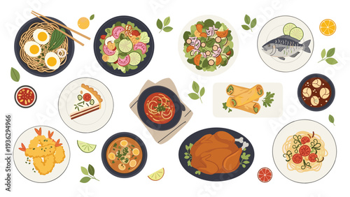Large assortment of delicious international dishes including noodles, salads, roasted chicken, grilled fish, and soup on plates.