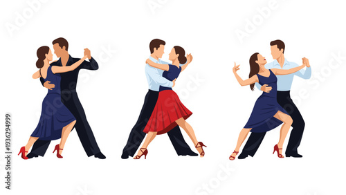 Three elegant couples demonstrate different passionate ballroom and latin dance styles in a graceful flat illustration.