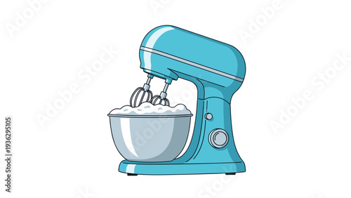 Vintage style blue stand mixer is whipping up a bowl of fresh white cream for a delicious baking project.