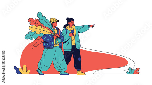 Two hikers with backpacks explore the outdoors as one points toward their destination along a scenic red pathway.