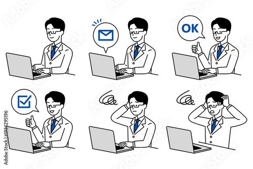 ノートパソコンで仕事をする医師の男性　セット