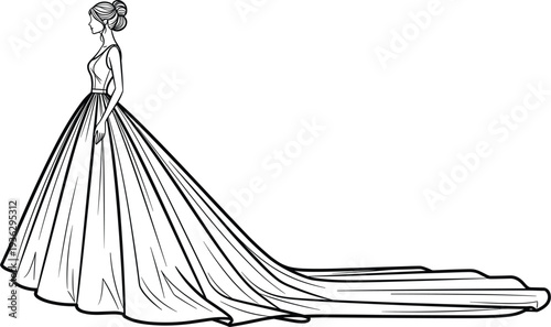 Elegant Bride Silhouette in a Ball Gown Wedding Dress with Long Train Line Art Vector Illustration for Marriage Invitation Designs
