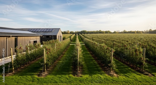 Rural Farm Landscape with Orchard and Barn.