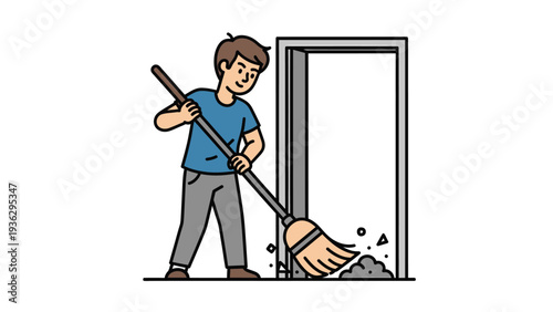 Cartoon man sweeping dirt from a doorway with a broom. Cleaning, housework, and tidying up illustration.