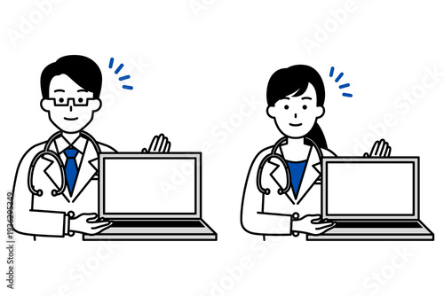 ノートパソコンの画面を見せる医師の男女　セット
