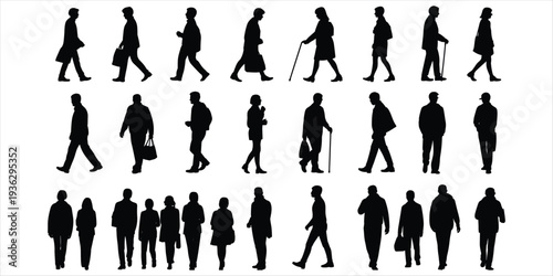 Diverse Group of Black Silhouettes of People Walking on White Background vector illustration