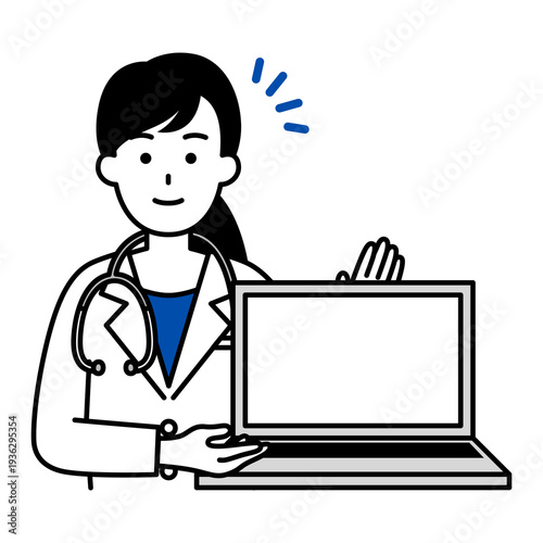 ノートパソコンの画面を見せる医師の女性