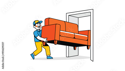 Furniture Moving Challenge: Man Struggling to Move Large Sofa Through Doorway. Home Relocation Service.