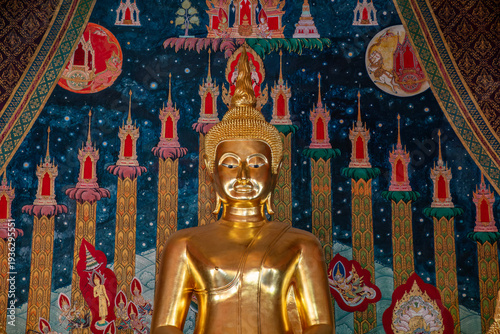 Golden Buddha statue inside the temple of Wat Klang Bang Kaeo, an ancient temple near Bangkok in Nakhon Pathom Provine, Thailand.