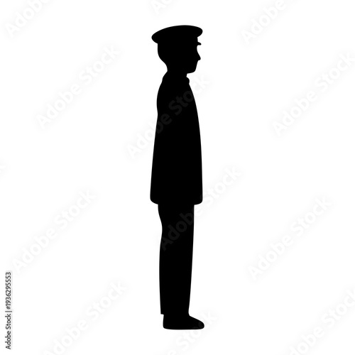 Silhouette of a uniformed man with hat, standing at attention with purpose