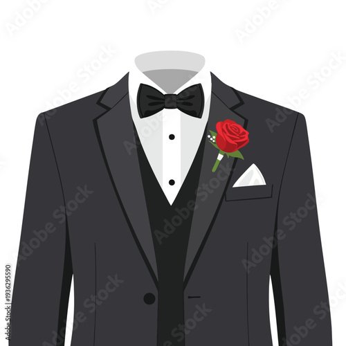 Elegant Gentleman in Formal Black Tuxedo with Red Rose Boutonniere