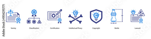 Intellectual Property Enforcement web banner featuring Variety, Classification, Certification, Intellectual Piracy, Copyright, Bottle, and Lawsuit.
