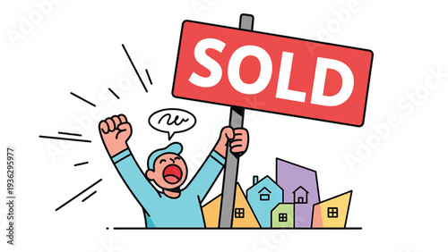 Happy person celebrating a home sale with a 'SOLD' sign; real estate success illustration.