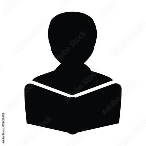 Silhouette of a person reading an open book against a white background