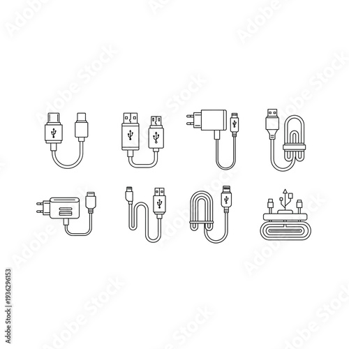 A collection of various electronic connectors and chargers