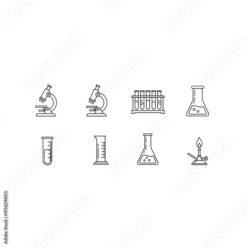 Laboratory equipment icons including microscopes and glassware