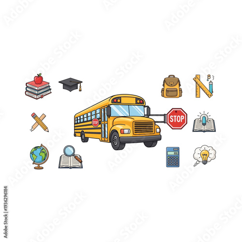A yellow school bus surrounded by various icons