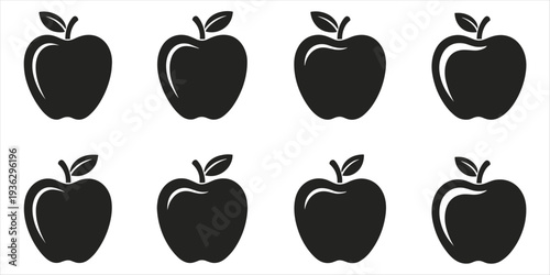 Set of eight black apple silhouettes with leaves and stems apples fruit