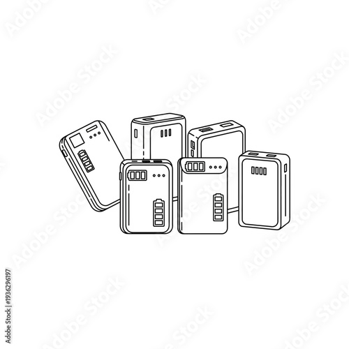 A group of electronic devices with buttons and screens