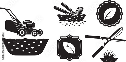 Gardening tools and lawn care icons in black and white