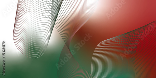 Abstract red, green and white luminous ribbons swirling across a deep dark background with sparkling micro particles, futuristic digital tech atmosphere, vector illustration