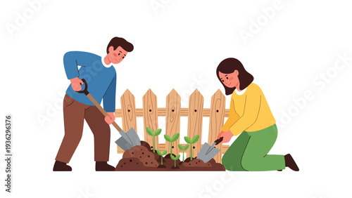 Couple gardening, planting seedlings in a small garden. Man digging, woman tending plants. Spring nature activity illustration.