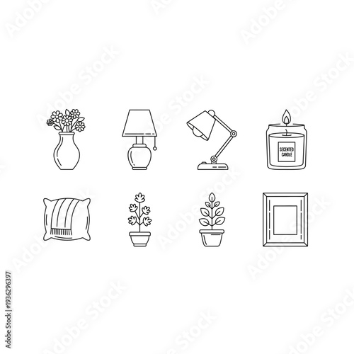 A collection of line drawings of home decor items