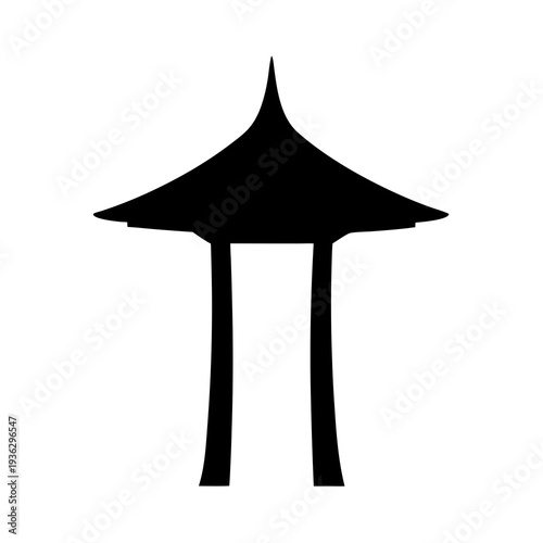 Black silhouette of traditional Asian architectural structure on a white background