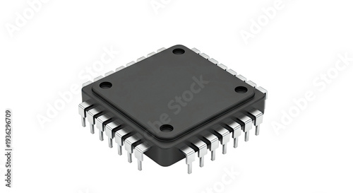 Close-up of a black integrated circuit chip with silver pins on a white background