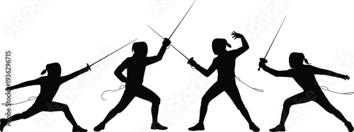 Silhouettes of Four Fencers in Action with Swords on White Background fencing sport
