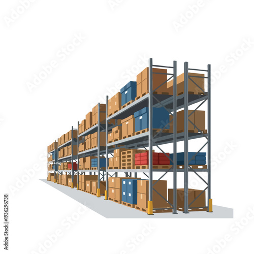 Industrial Storage System with Metal Shelving Units Filled with Boxes and Containers